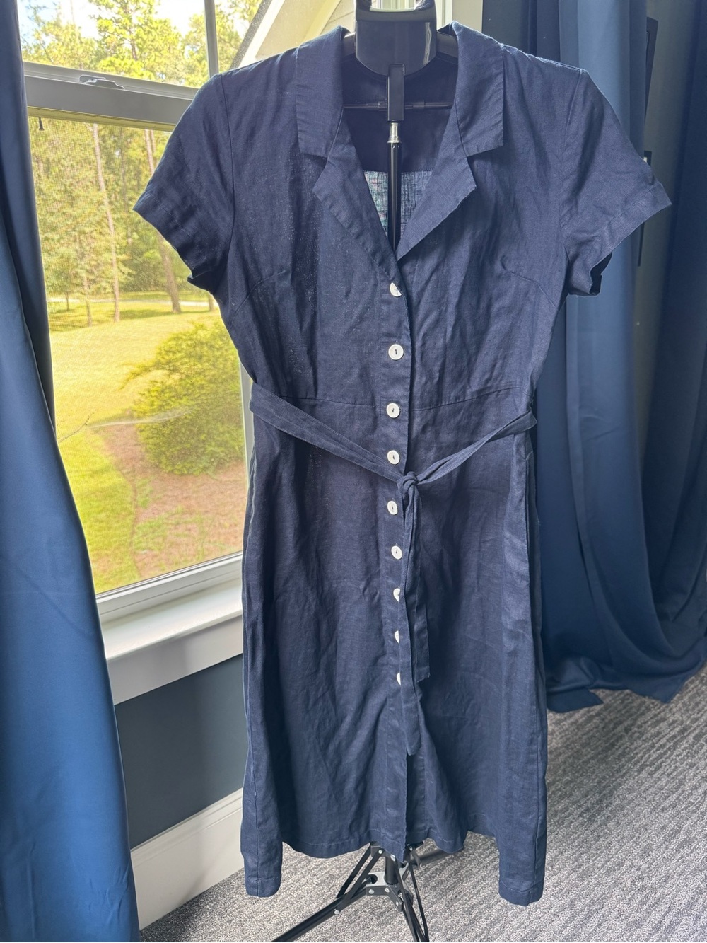 Quince 100% Linen Button Front Dress Deep Navy Size Medium